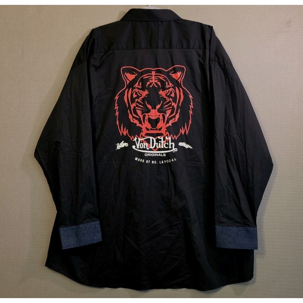 Von Dutch Originals Men's Black Button Up Long Sleeve Denim Cuffs Tiger Moto 2XL